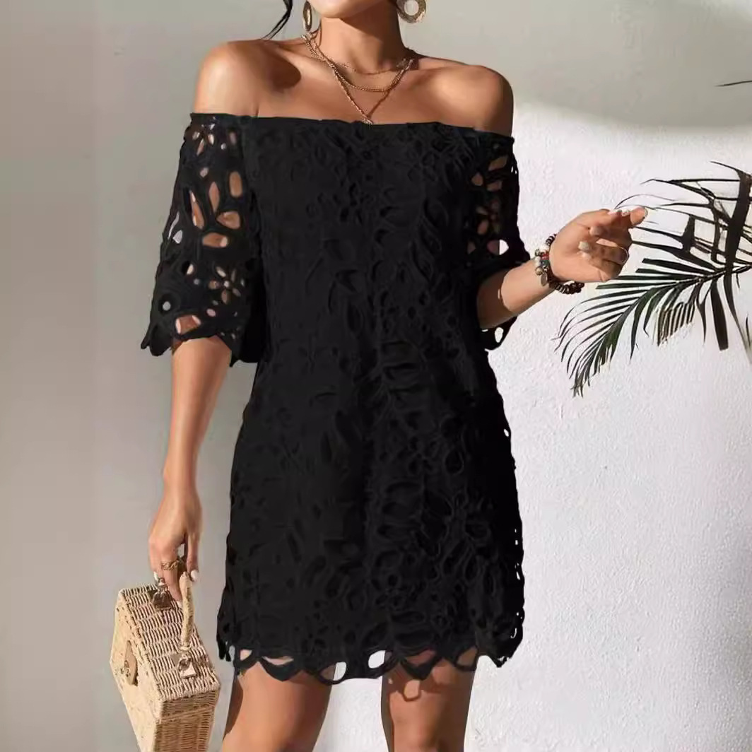 Women's Lace Mini Solid Color Office Dress