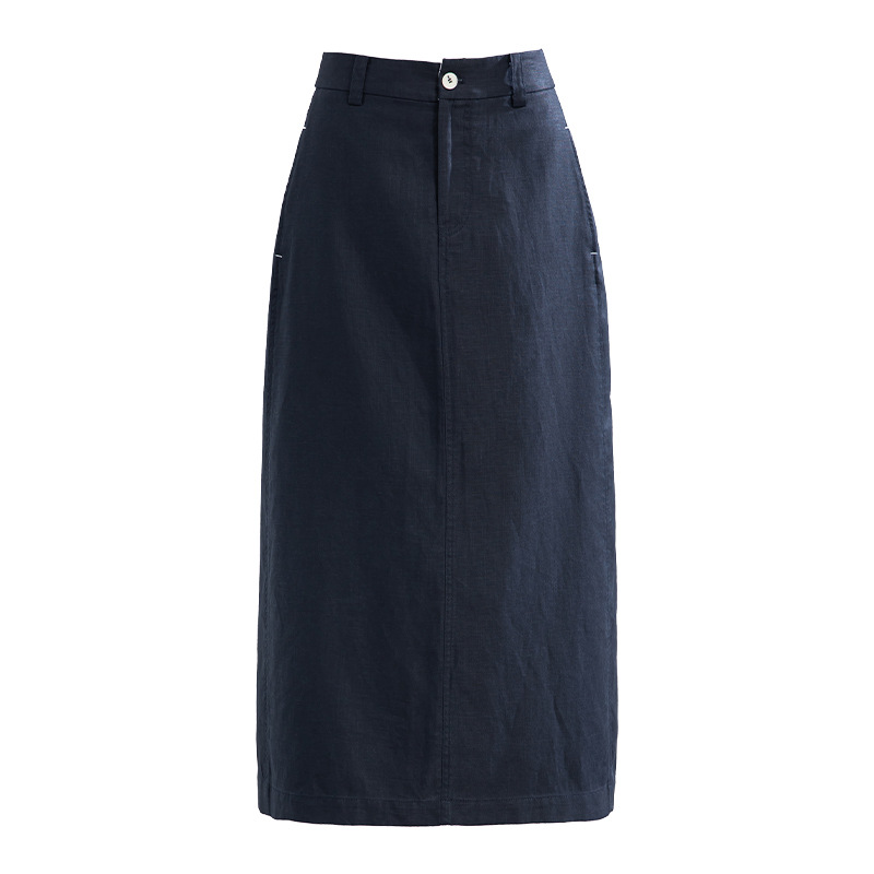 Chân váy chữ A dáng dài nữ chất liệu linen phối sợi tencel, thiết kế che khuyết điểm eo hông — màu xanh navy