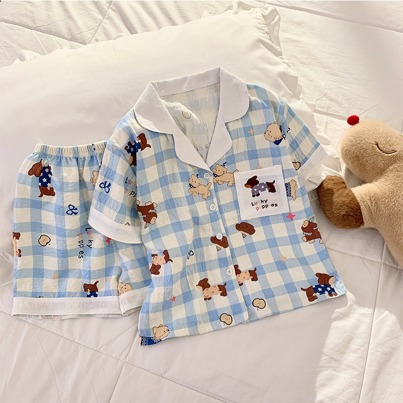 Cloud Cotton Pajamas Women's Short Sleeve Shorts Spring and Autumn Puppy Cartoon Thin Children's Middle and Large Children's Home Clothing Set