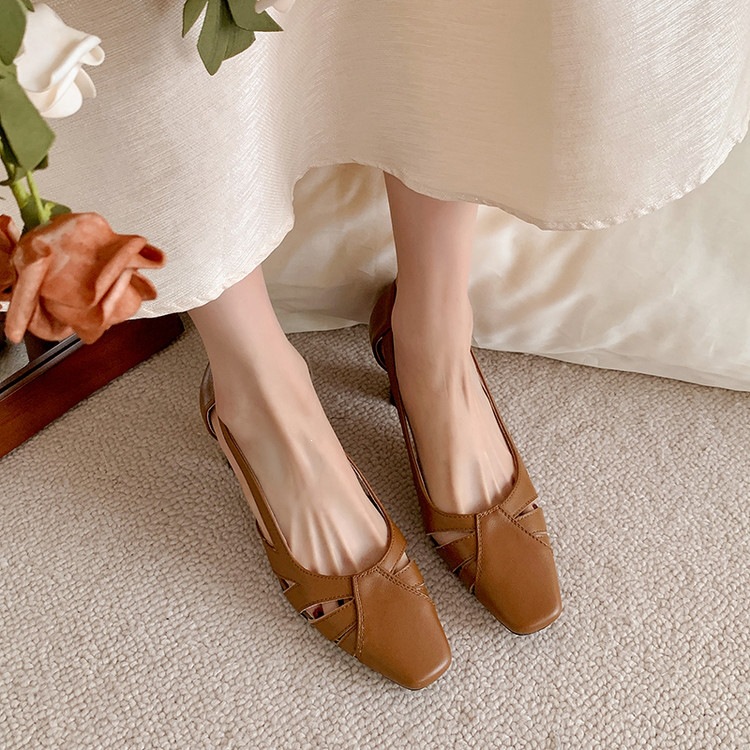 Giày cao gót nữ da thật mũi vuông nhỏ, gót cao 9 cm, phong cách thời trang xuân hè — màu nâu, màu trắng ngà chi tiết 52