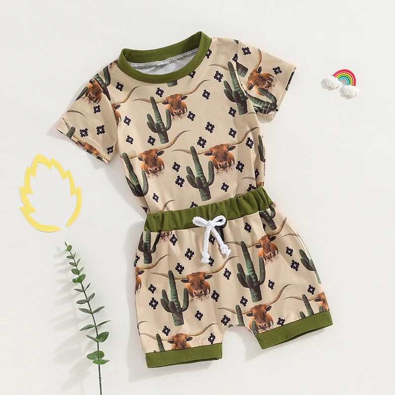 Cross-border Children's Wear 2024 Summer New Baby and Toddler Wrangler Cactus Printed Short-sleeved T-shirt Shorts Two-piece Set Cross-border Children's Wear 2024 Summer New Baby and Toddler Wrangler Cactus Printed Short-sleeved T-shirt Shorts Two-piece Set
