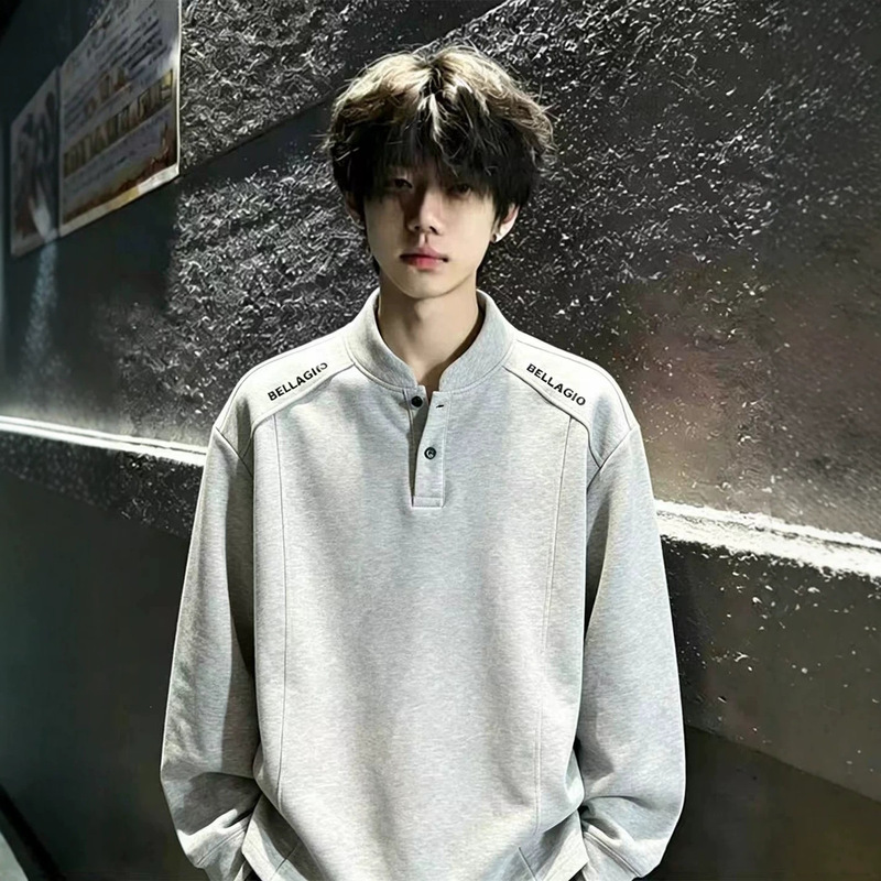 Heavyweight Henley Collar Sweatshirt for Men, 2026 Autumn New Style, Loose American Style Deconstructed Long Sleeve T-Shirt, Base Shirt, Cross-Border Heavyweight Henley Collar Sweatshirt for Men, 2026 Autumn New Style, Loose American Style Deconstructed Long Sleeve T-Shirt, Base Shirt, Cross-Border