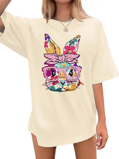 Amazon Shein Spring and Summer New Easter Painted Rabbit Fun Print Fashionable Pure Cotton Oversized T-Shirt Amazon Shein Spring and Summer New Easter Painted Rabbit Fun Print Fashionable Pure Cotton Oversized T-Shirt