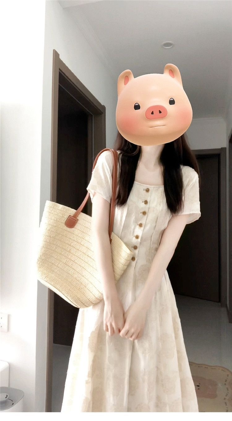 Đầm suông midi cổ vuông họa tiết hoa nhí phong cách Pháp, tay ngắn, thắt eo tạo dáng thon gọn — màu mơ chi tiết 6