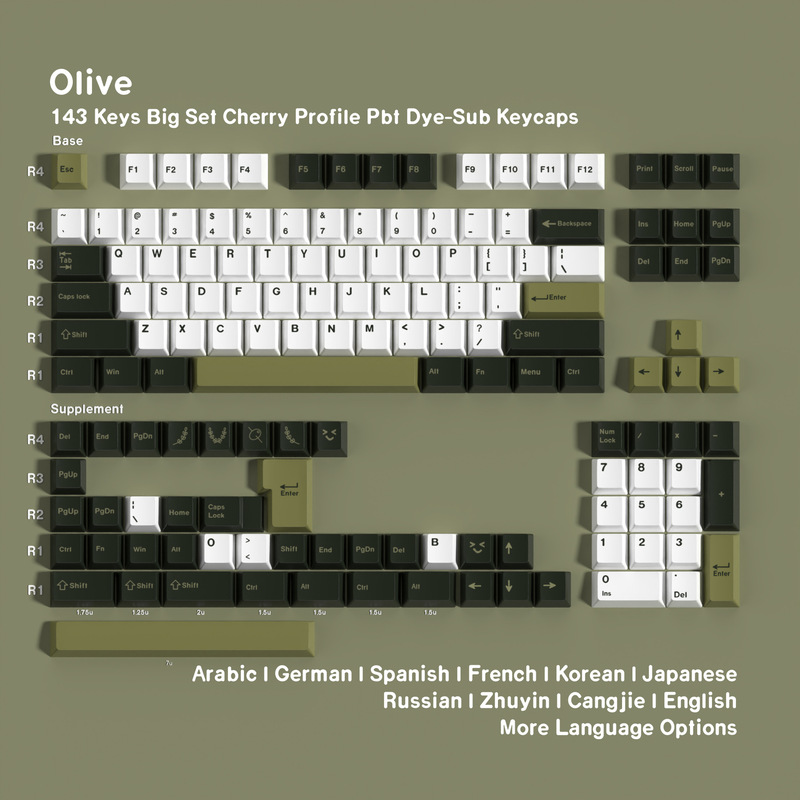 Olive original PBT sublimation keycaps in Arabic, Korean, German, French, Spanish, Hebrew, Brazilian Portuguese, Russian, and other minor languages Olive original PBT sublimation keycaps in Arabic, Korean, German, French, Spanish, Hebrew, Brazilian Portuguese, Russian, and other minor languages