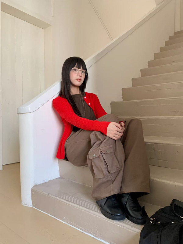 誉一新款2025秋季美式设计感工装休闲裤女宽松阔腿弯刀裤女c866|undefined