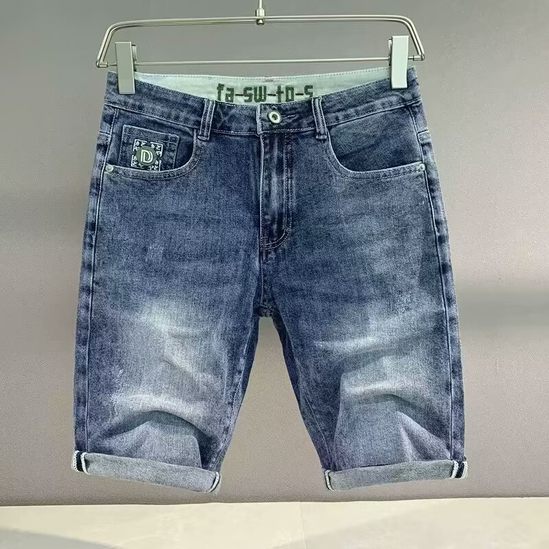 European Style Men's Denim Shorts Summer Trendy Brand Printed Embroidered Five-Point Pants Fashion Slim Casual Stretch Mid-Length Shorts