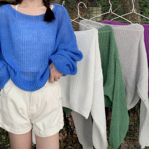 Foreign Trade Cross-Border Women's European and American Casual Hollow See-Through Cute Loose Sweater Blouse Thin Loose Knitted Sweater