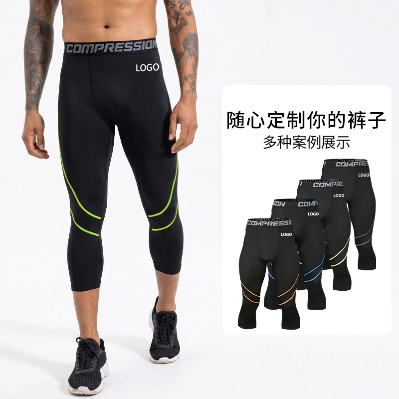 Pantalones de fitness delgados transfronterizos de alta velocidad elástica secos de pista y campo, pantalones de compresión de baloncesto para hombres, pantalones cortos deportivos de siete puntos