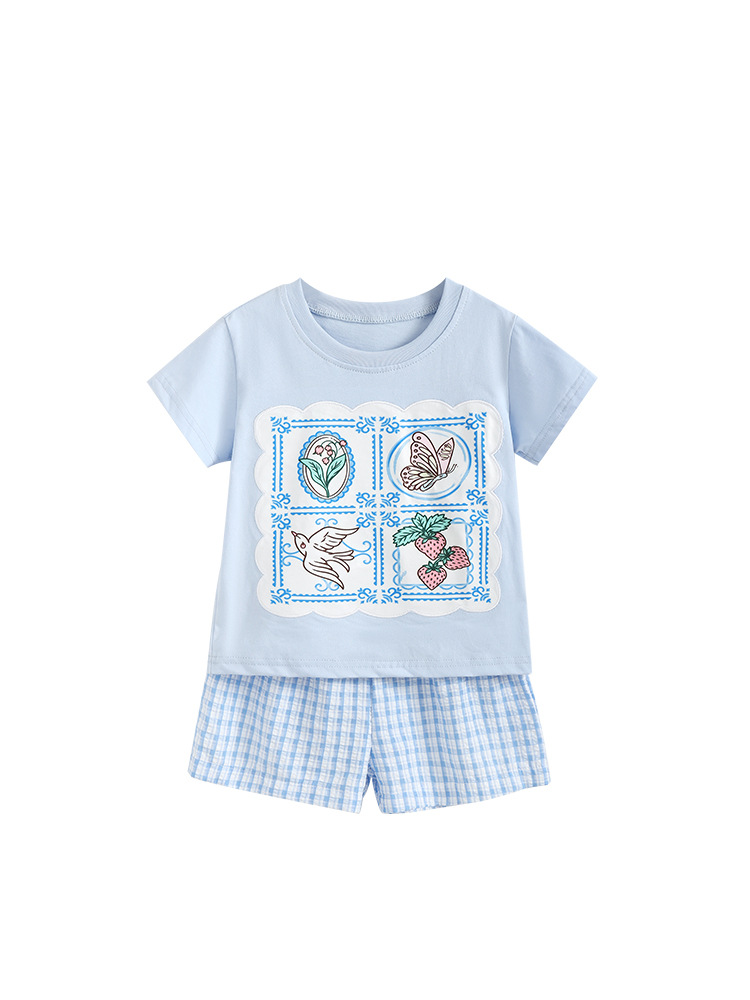 Malwee transfronterizo niñas dos piezas set de verano nuevo lindo pequeño cuello redondo pantalones de cuadrícula para niños europeos y estadounidenses
