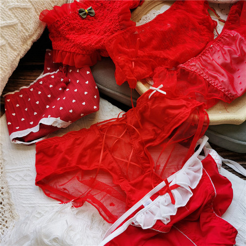 Big red festive red women's underwear for the year of birth, a variety of cotton ice silk lace sexy hollow bright red underwear