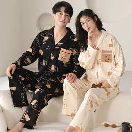 厂家直销情侣睡衣春秋款纯棉长袖开衫翻领男女士家居服可爱套装秋