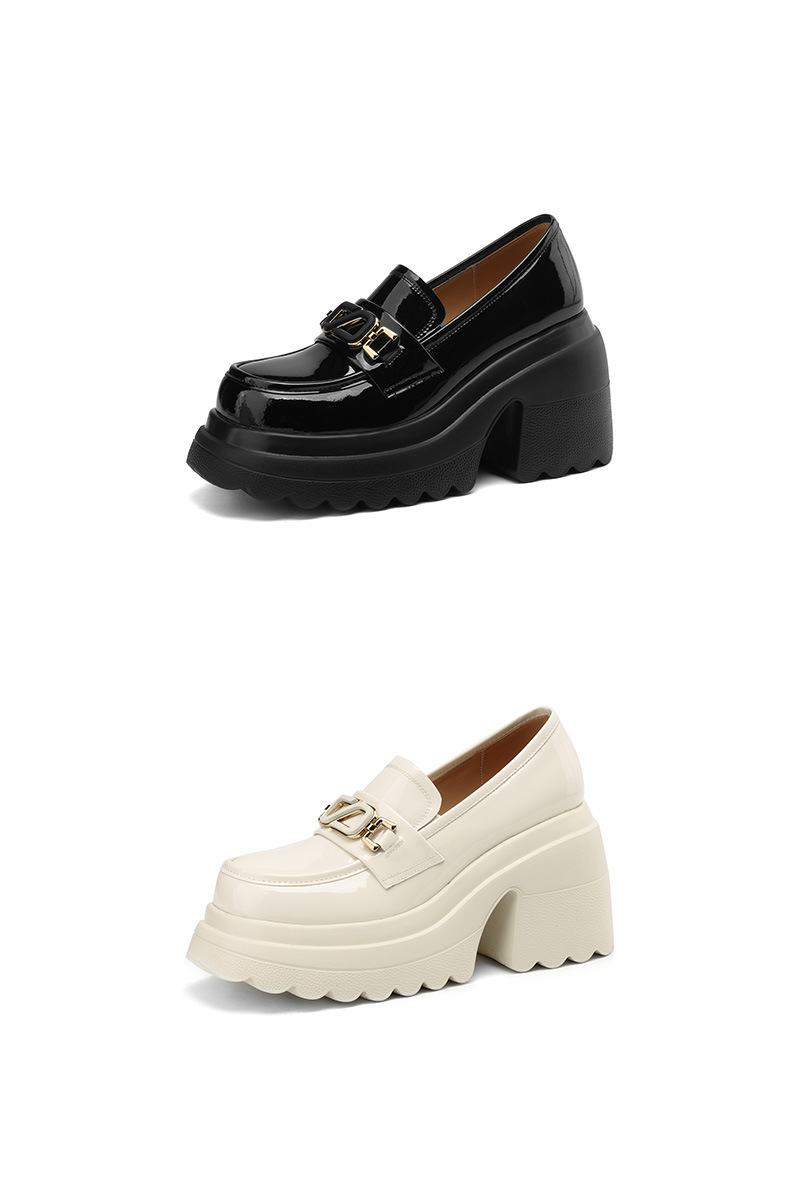 Giày loafer nữ đế xuồng cao gót mũi tròn kim loại – phong cách tăng chiều cao — Đen bóng, Be bóng chi tiết 18