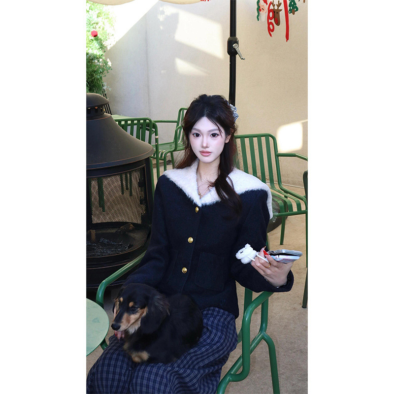 Black Stitching Navy Collar Short Sweater Women's Autumn and Winter Furry Soft Waxy Super Nice Slim-fit Knitted Cardigan