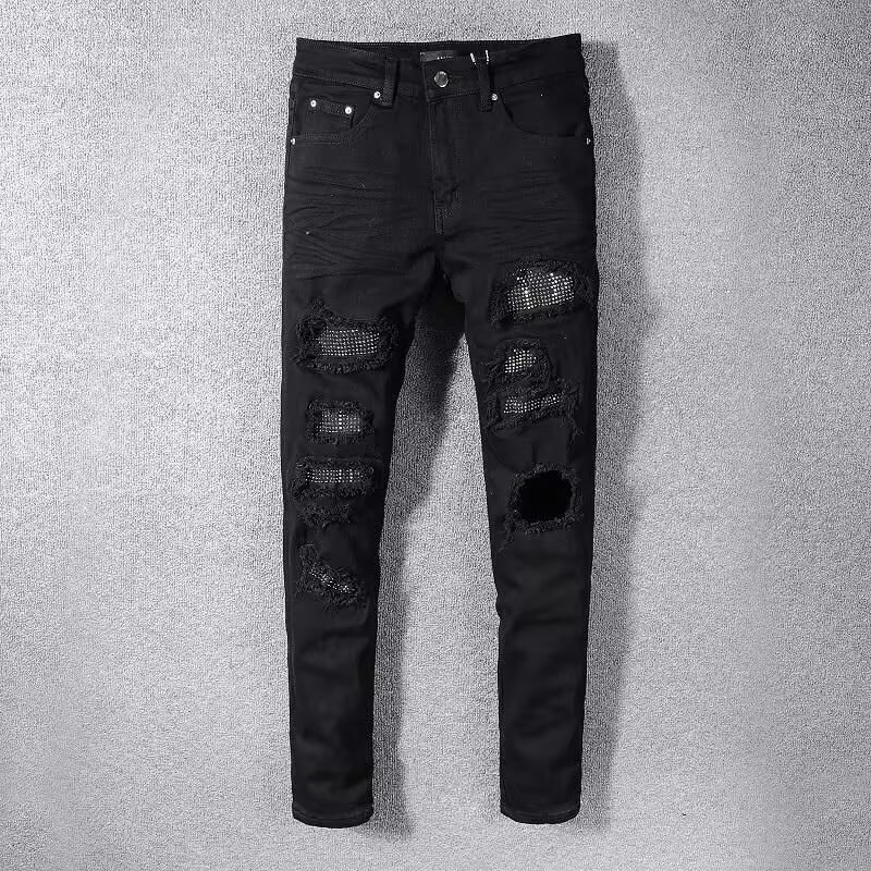 High Street Ripped Rhinestone Jeans For Men Style Slim Fit Straight Leg Casual Trousers Versatile Spring Autumn Popular_viptrois.com