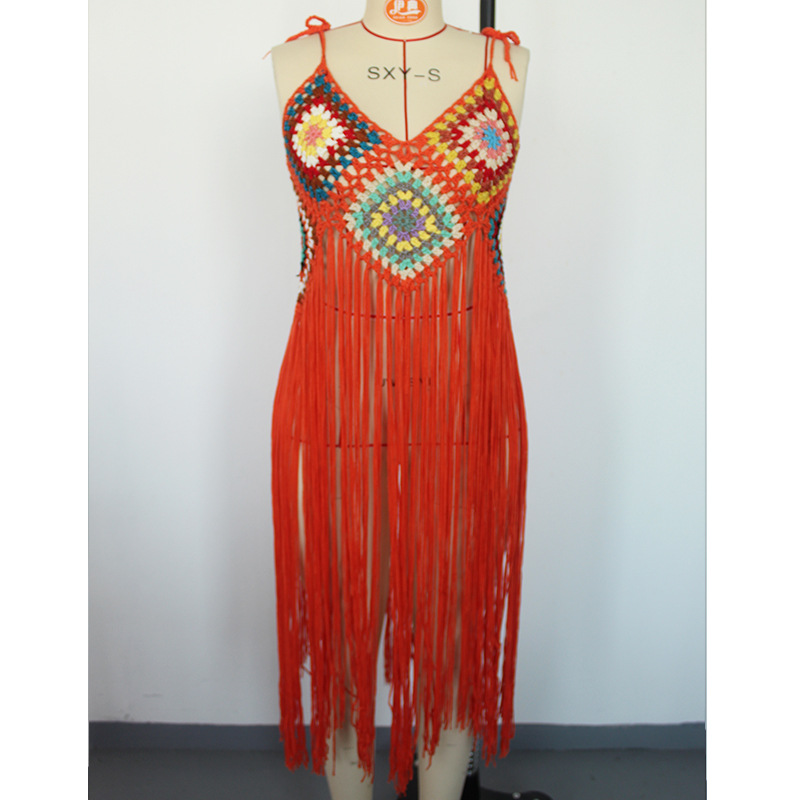 Sexy Hand Crocheting Tassel Mid Length Bohemian White Beach Dress in Dresses
