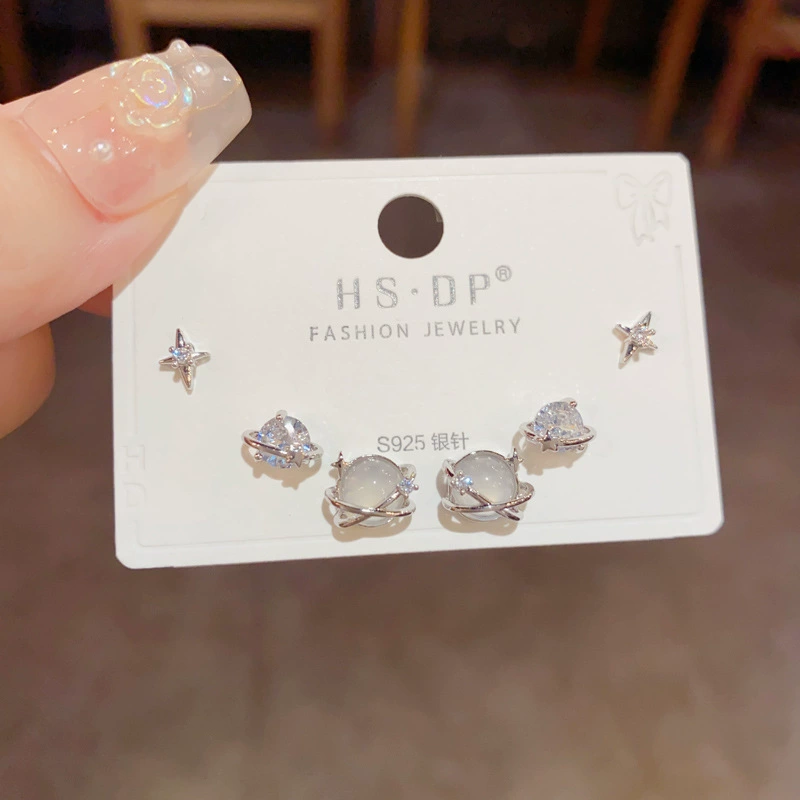Серебряная игла, короткий цирконий, универсальные серьги, набор, образец серебра 925, микроинкрустация, японская и корейская стили, простой и элегантный дизайн, набор из 3 шт.