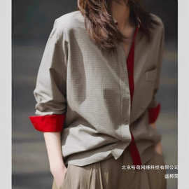 高知老钱风格子衬衣女款2026春季新款撞色好看单穿衬衫图片色