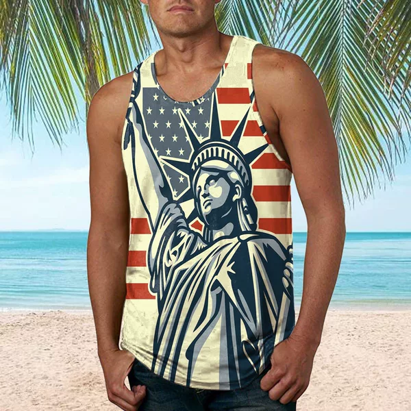 Cross-Border European Code Aliexpress Youth 3D Printed Vest Men's Sports Top Statue of Liberty Independence Day Flag