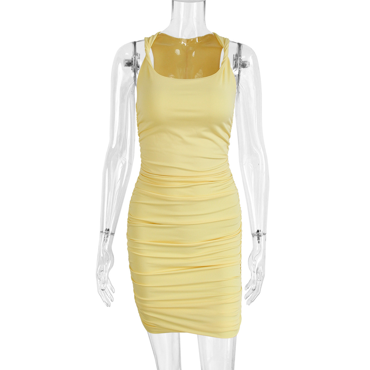 Robe ChicShe sans manches froncée, style européen et américain, moulante, décolletée, manches mi-longues et courtes._voghion.com