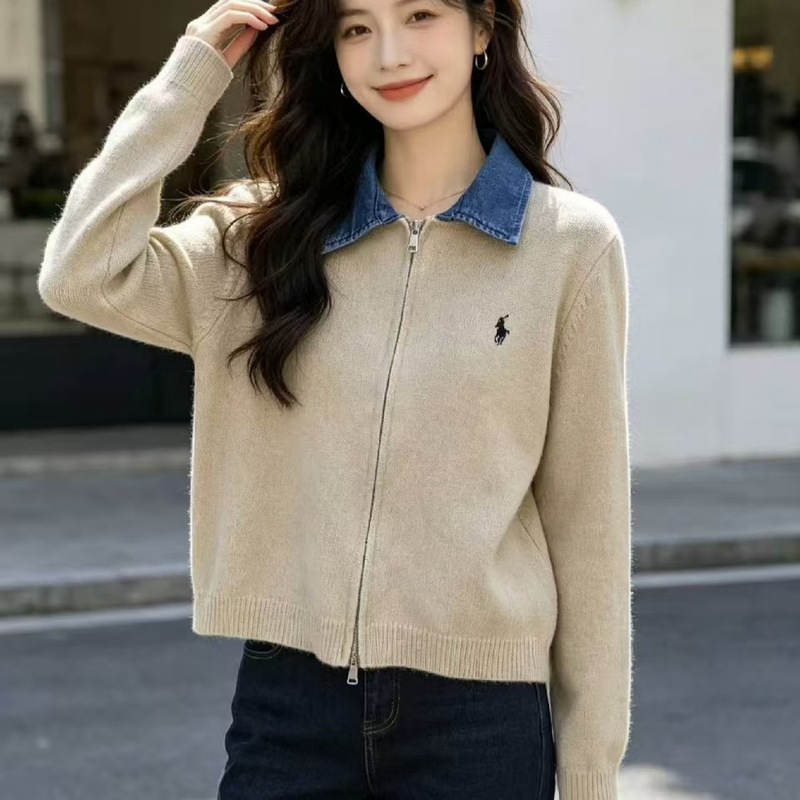 Japanese-style color-blocked denim lapel cardigan for women, new winter model, loose and versatile, youthful, faux two-piece knit sweater for women Japanese-style color-blocked denim lapel cardigan for women, new winter model, loose and versatile, youthful, faux two-piece knit sweater for women
