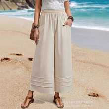 2025欧美夏季花边拼接设计日式森系直筒口袋休闲女士长裤大码女装