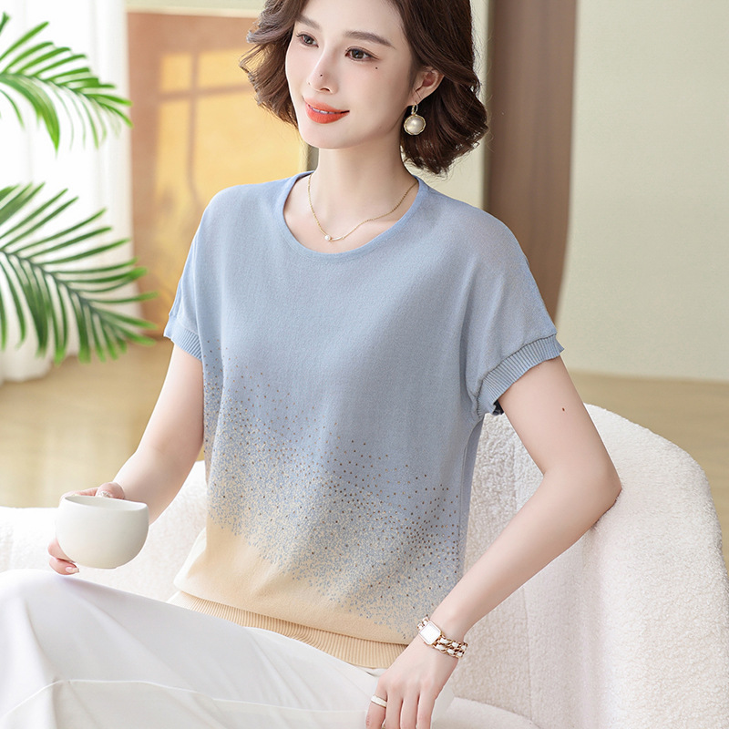 Mother's Day Summer Short-Sleeve Ice Silk Blouse 2026 New Style Middle-Aged Women's Fashionable Thin T-Shirt Top
