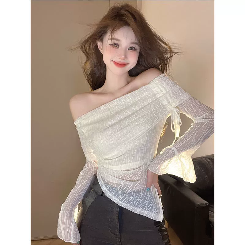 Шифоновая рубашка Spice Girl с открытыми плечами и рукавом до ключицы, топ, женская дизайнерская нишевая Асимметричная тонкая Солнцезащитная футболка