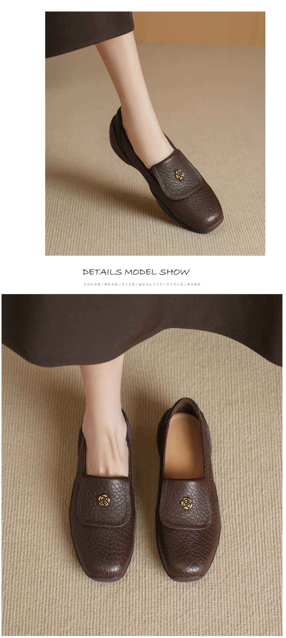 Giày loafer nữ da dê mũi tròn, gót thấp 3 cm, hoa nổi, phong cách cổ điển — màu nâu chi tiết 7