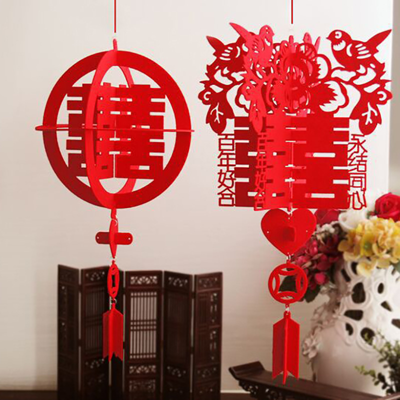Wholesale wedding celebration supplies, decorative auspicious character felt flower garlands and hanging decorations, creative wedding room arrangement, non-woven fabric flower garlands