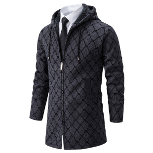 Foreign trade autumn men's mid-length sweater fashion casual hooded coat knitwear trendy sweater cardigan