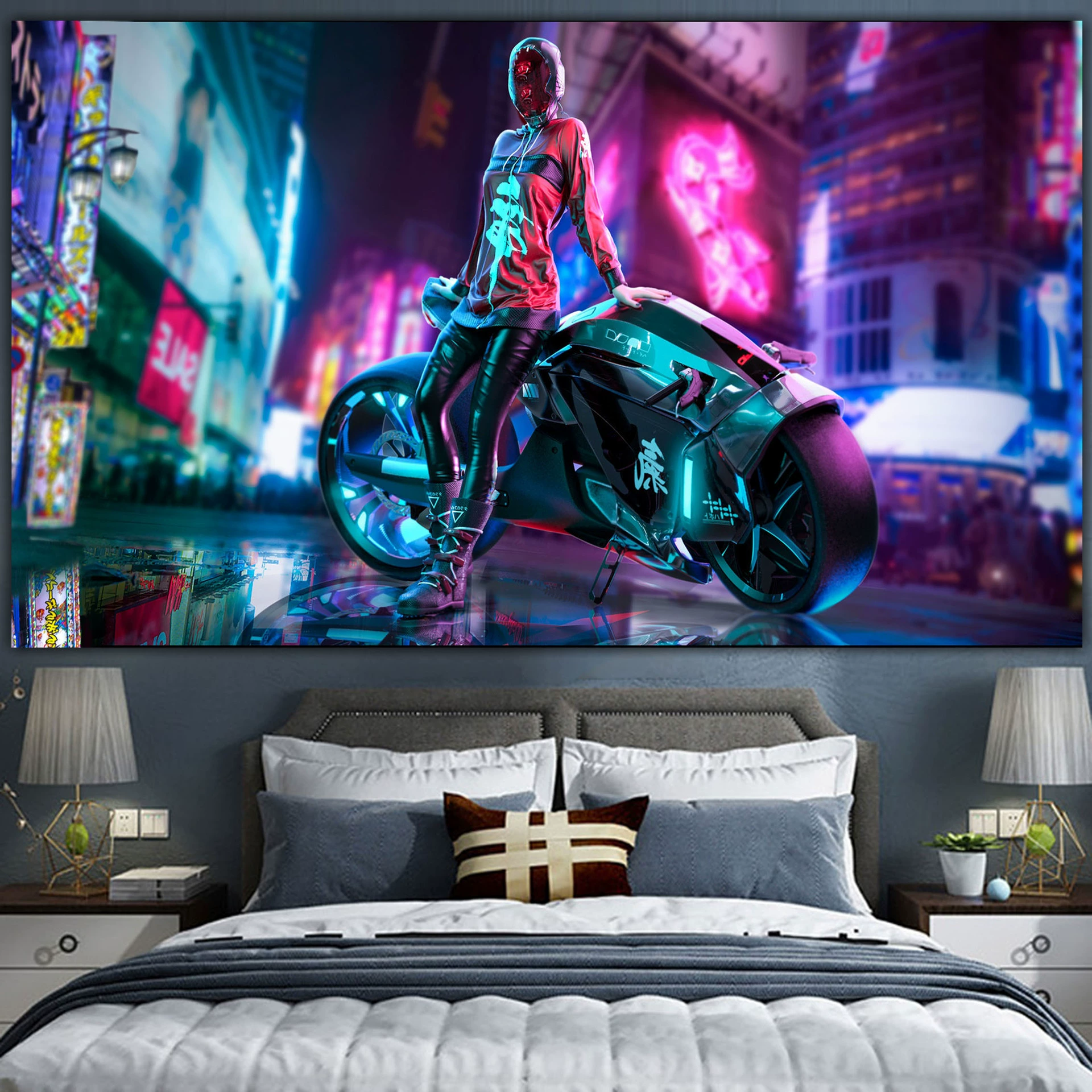 Постер cyberpunk неоновый город, размеры 38×65 см, 85×155 см, 110×200 см