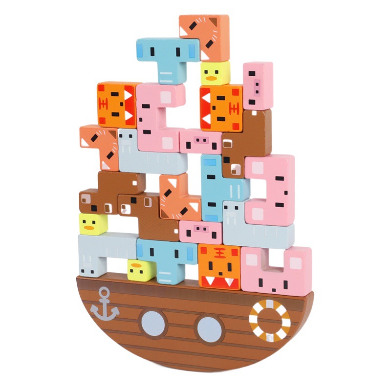 Madera apilada alta juguetes educativos animal equilibrio apilados alto bloques de construcción juego equilibrio barco juguetes educativos de los niños