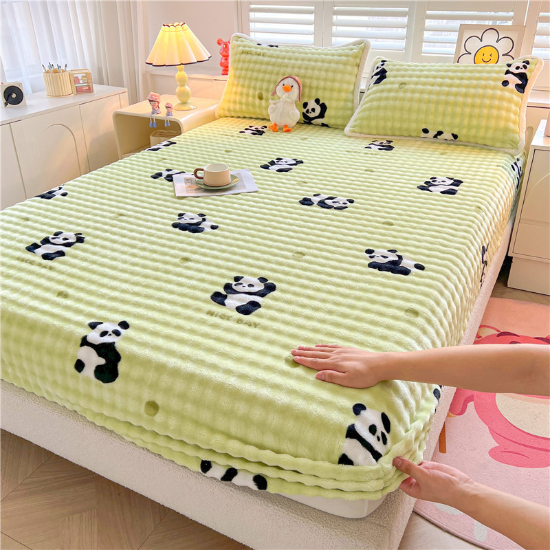 Winter New Rabbit Hair Bubble Milk Velvet Bed Cover Three-piece Set fleece-lined Thickened Bed Cover Mattress Protective Cover Fully Wrapped