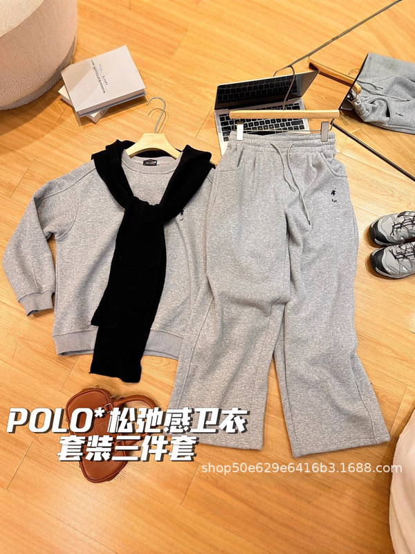小马刺绣慵懒风休闲运动套装春秋宽松时尚百搭圆领卫衣披肩三件套|undefined