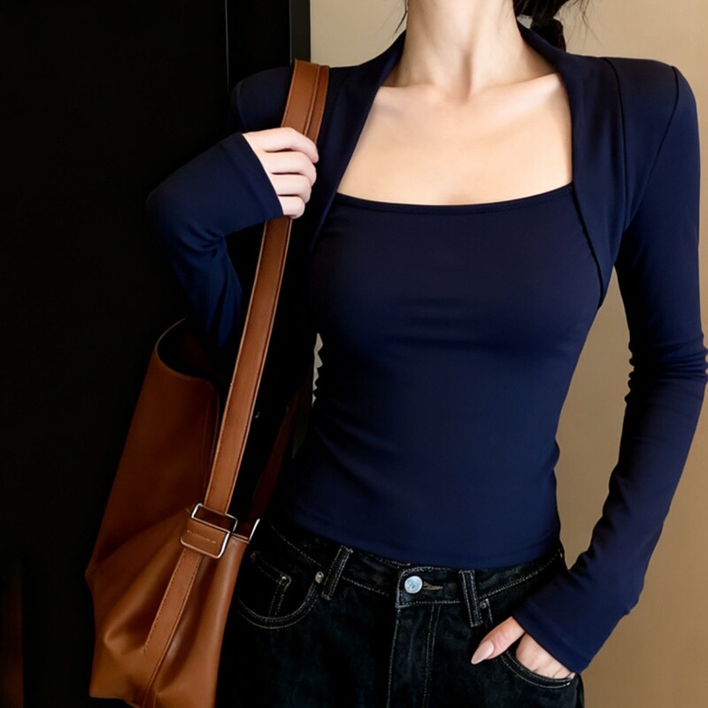 Hot girl's pure desire style sexy padded shoulder square-neck base shirt for women, spring/summer, with chest pads, faux fur lining, long-sleeved low-neck top Hot girl's pure desire style sexy padded shoulder square-neck base shirt for women, spring/summer, with chest pads, faux fur lining, long-sleeved low-neck top