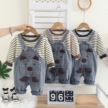 儿童条纹卫衣套装2025新款小童韩版卡通牛仔背带裤两件套宝宝衣服