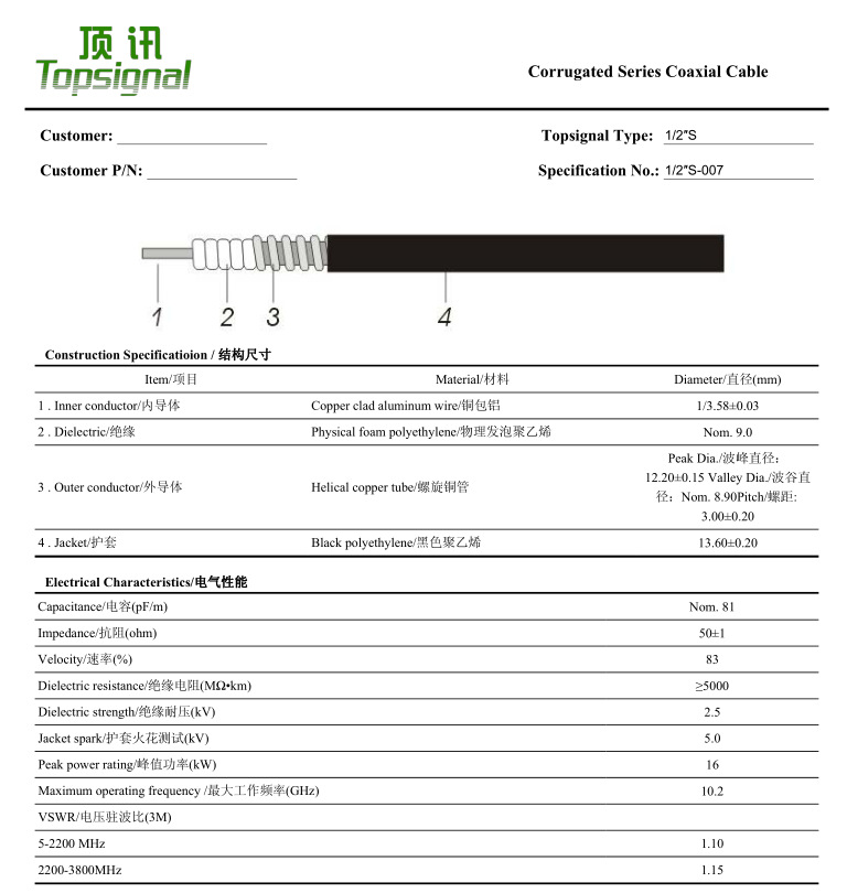 1/2S轧纹管大功率馈线射频同轴信号电缆