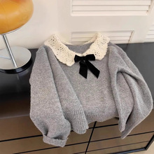 法式娃娃领蝴蝶结灰色套头毛衣女秋冬季加厚宽松慵懒风