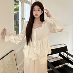 【山野仙追跡】早春の新型シンプルなフランス式少女ホームウェア長袖長ズボンと雪の糸セットの薄いタイプ