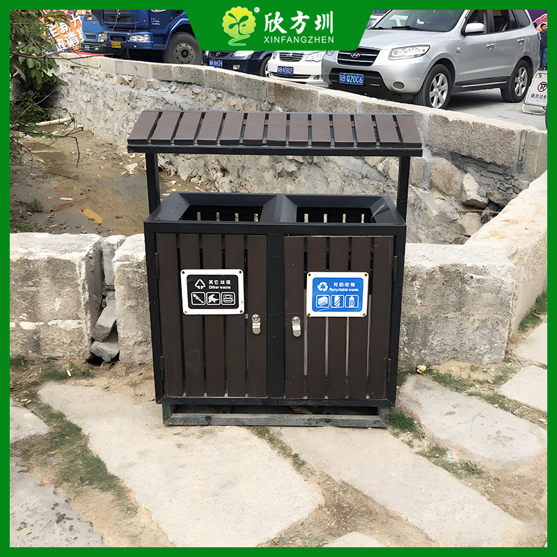 2025景区户外用两分类连体防腐钢木环卫垃圾桶专用果皮回收箱