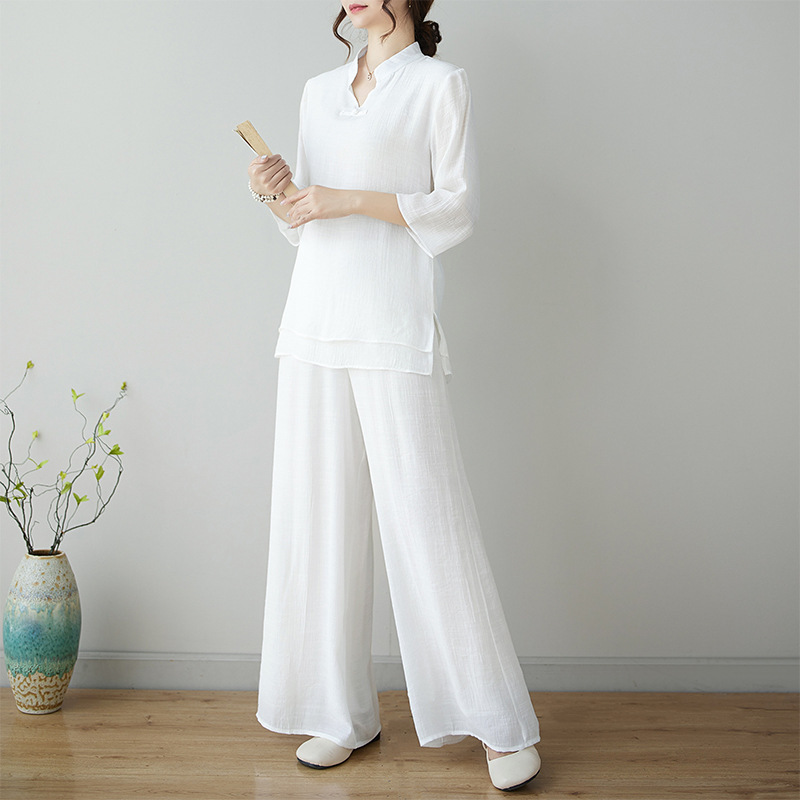 新しい夏の新しいエスニックスタイルの禅瞑想トレーニング服ツーピースセット中国風ヨガヒーリング服瞑想茶服|undefined