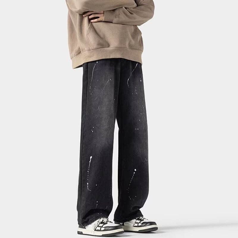 American Style Splash Ink Jeans Men's Autumn Vintage Washed Trendy Brand Wide-leg Pants High Street All-match Simple Casual Long Pants