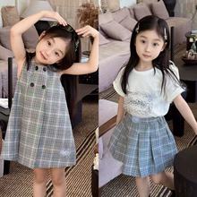 现货2026春夏女童套装 灰色线条连衣裙+刺绣白T+灰线条百褶半裙