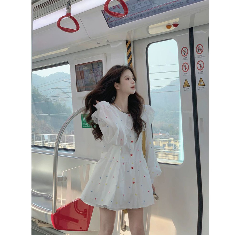 Sweet Doll Dress, Cute Design, Loose Summer New Age-Reducing Printed Long-Sleeved Slimming Short Skirt for Women