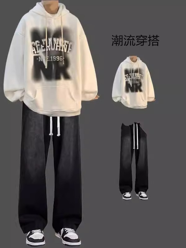 秋冬季套装男美式连帽卫衣潮牌一套搭配牛仔裤学生潮流帅气两件套|undefined
