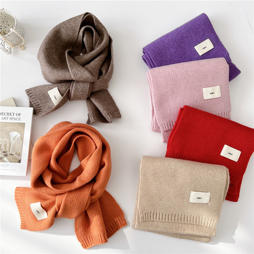 Small solid color scarf for women in autumn and winter, Korean version, versatile ins trend, thickened and warm, decorative neck protector, knitted scarf