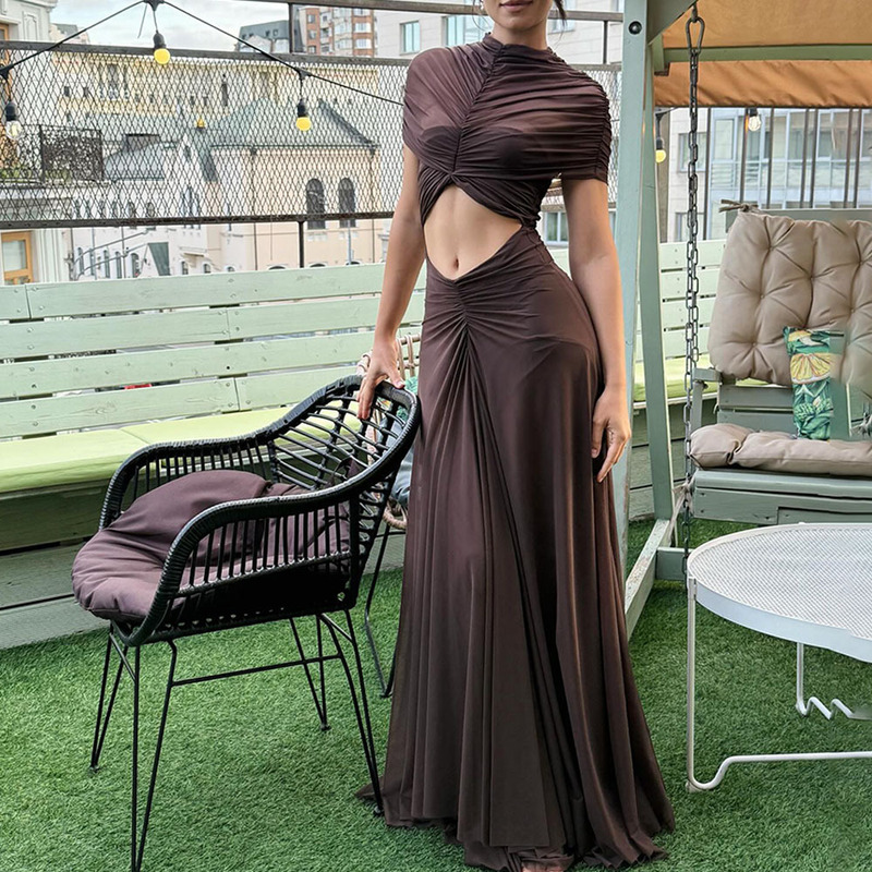 European and American Sexy Cross-Border 2025 Autum New Fashion Trendy High-Waisted Pure Color Pleated Hip-Covering Navel-Baring Dress for Women