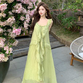 实拍绿色褶皱荷叶花边小飞袖连衣裙女夏季长裙