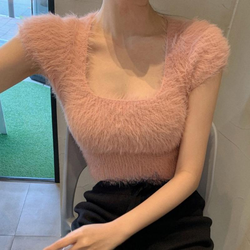 气质方领修身短款显身材上衣毛绒绒夏季百搭显瘦短袖针织衫T恤女